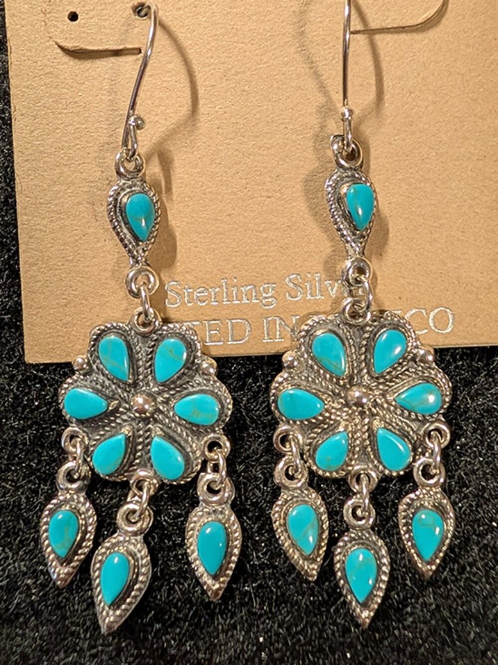 Tweeds 925 Sterling Silver Mexico Turquoise Floral Rosette Drop Earrings - NIB